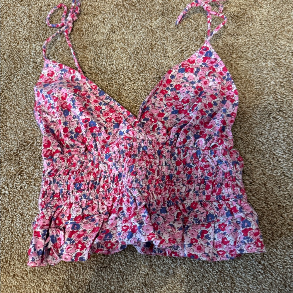 Floral tie shoulder v neck tank top